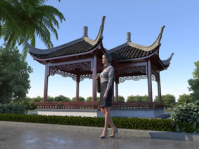 Traditional Chinese Landscape Pavilion With Curved Roof Surrounded By Palm Trees And Lush Greenery 3d model