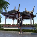 Traditional Chinese Landscape Pavilion With Curved Roof Surrounded By Palm Trees And Lush Greenery
