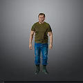 A Man Wearing Green T shirt Blue Jeans And Green Boots Standing Against Gray Background