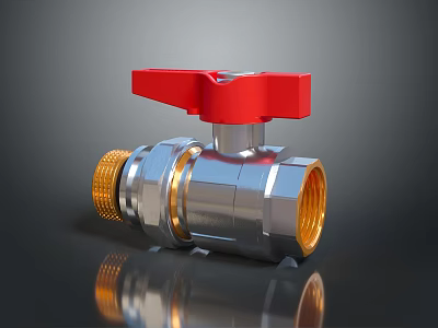 Red Handle Silver Body Ball Valve With Golden Threaded Connections And Metal Construction 3d model