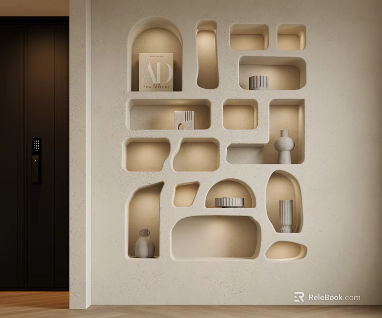 Modern Built In Bookshelf Featuring Irregular Shelves With Decorative Items Books And Vases 3d model 
