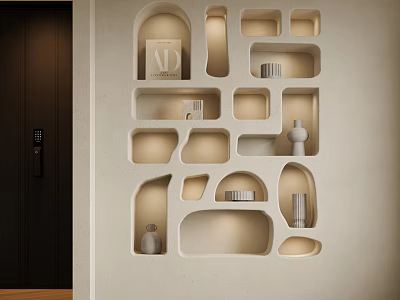 Modern Built In Bookshelf Featuring Irregular Shelves With Decorative Items Books And Vases 3d model