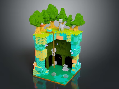 Cartoon Themed 3D Scene Featuring Green Trees Mushroom Small Animals Colorful Block Terrain and Cave 3d model