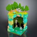 Cartoon Themed 3D Scene Featuring Green Trees Mushroom Small Animals Colorful Block Terrain and Cave