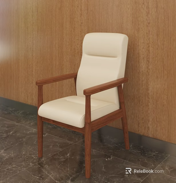 Meeting Room Chair With White Leather Seat Wooden Armrests Wooden Walls Dark Floor Tiles 3d model 