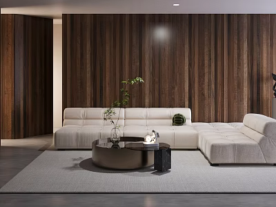 Modern White Sofa Coffee Table Set With Round Table Wooden Wall Green Plant And Rug 3d model