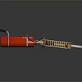Red Weapon with Black Handle Yellow Spring and Metal Structure on Reflective Surface 3d model