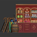 Red Display Cabinet With Wooden Barrel Foldable Umbrella Stand And Shelves For Retail Shop