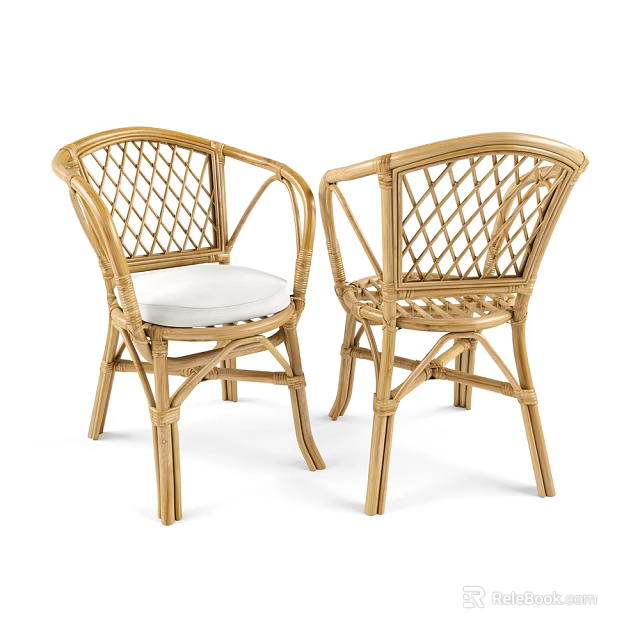 Two Light Brown Rattan Leisure Chairs With Woven Backrest Armrests And White Cushions 3d model 