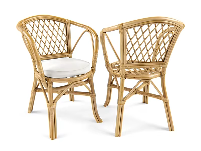 Two Light Brown Rattan Leisure Chairs With Woven Backrest Armrests And White Cushions 3d model