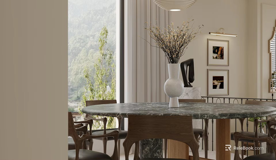 Modern Restaurant Interior With Round Marble Table Wooden Chairs White Vase And Green Mountain View 3d model 