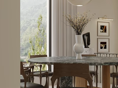 Modern Restaurant Interior With Round Marble Table Wooden Chairs White Vase And Green Mountain View 3d model