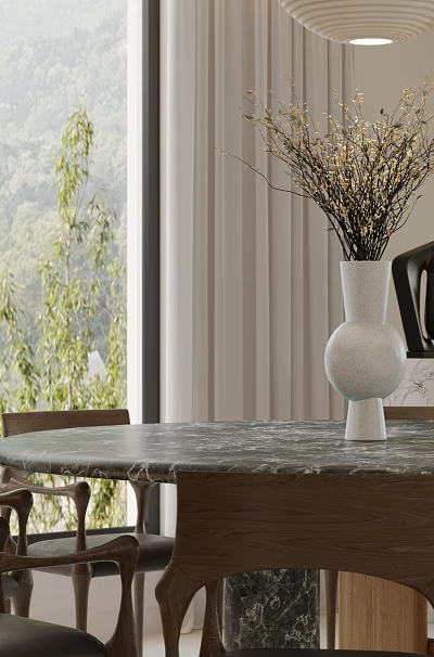 Modern Restaurant Interior With Round Marble Table Wooden Chairs White Vase And Green Mountain View 3d model