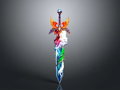 Fantasy Decorative Sword With Blue Gemstone Wing Decoration And Colorful Blade 3d model