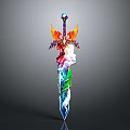 Fantasy Decorative Sword With Blue Gemstone Wing Decoration And Colorful Blade