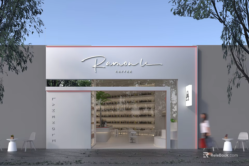 Romantic Style Boutique Storefront With White Exterior Glass Door And Inside Display Shelves 3d model 