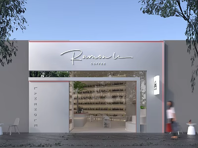 Romantic Style Boutique Storefront With White Exterior Glass Door And Inside Display Shelves 3d model