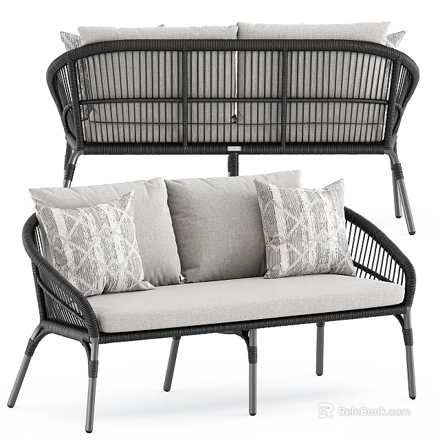 Elegant Wicker Two Seater Sofa With Black Frame Gray Cushions And Patterned Pillows 3d model 