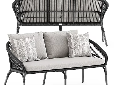 Elegant Wicker Two Seater Sofa With Black Frame Gray Cushions And Patterned Pillows 3d model