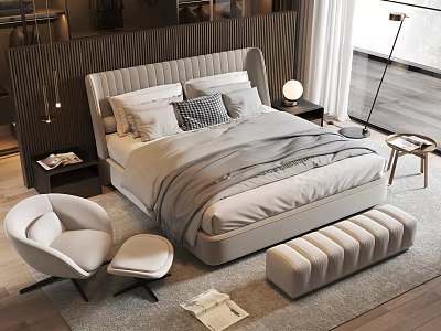 Modern Bedroom Interior With Double Bed Gray Bedding Nightstand Table Lamp Armchair And Bench 3d model