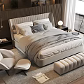 Modern Bedroom Interior With Double Bed Gray Bedding Nightstand Table Lamp Armchair And Bench