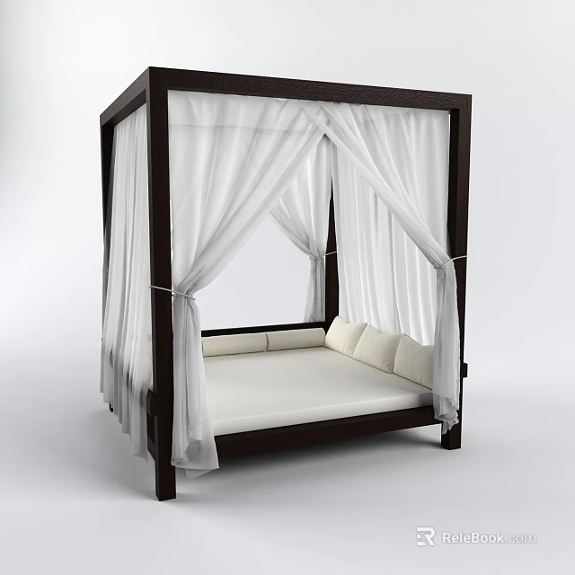 Four Poster Double Bed With White Drapes Dark Wooden Frame And Pillows 3d model 