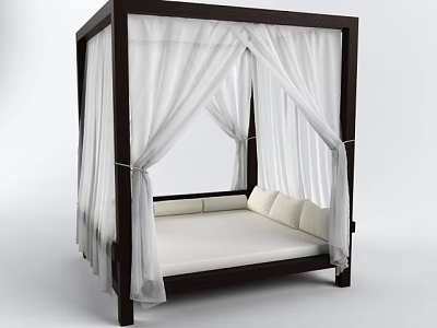 Four Poster Double Bed With White Drapes Dark Wooden Frame And Pillows 3d model