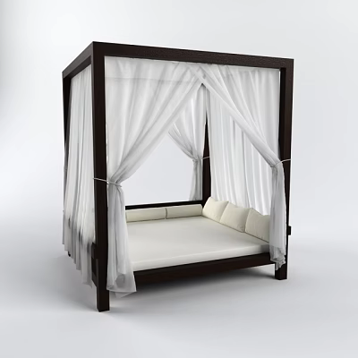 Four Poster Double Bed With White Drapes Dark Wooden Frame And Pillows 3d model