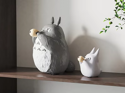 Gray And White Ceramic Animal Shaped Decorative Ornament Set On Wooden Shelf With Green Plant 3d model