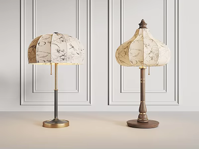 Vintage Map Print Table Lamps Brass Wooden Bases Gray Dark Brown Poles Paneled White Walls 3d model