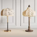 Vintage Map Print Table Lamps Brass Wooden Bases Gray Dark Brown Poles Paneled White Walls