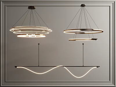 Modern Circular And Wavy Design Chandeliers With Sleek Metallic Frames Illuminated In Interior 3d model