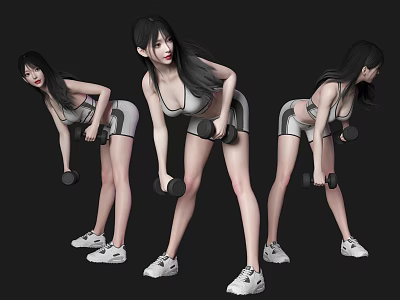 Woman Doing Dumbbell Exercise In Different Fitness Poses With Athletic Wear 3d model