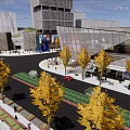Modern Commercial Street With Glass Facade Buildings Yellow Trees And Traffic Lights