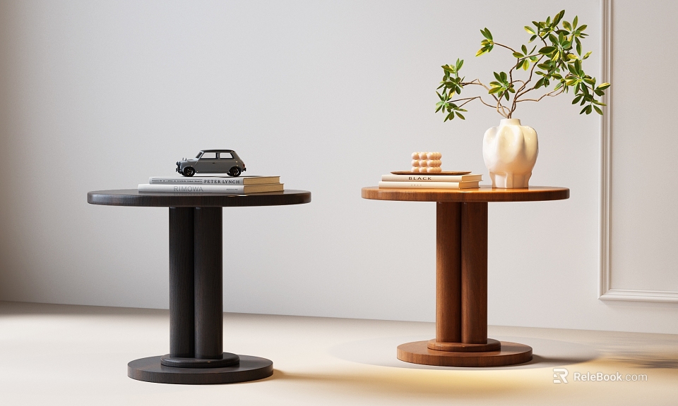Black and Brown Round Top Side Tables with Cylindrical Base Decorative Car Model Books Vase Plants 3d model 