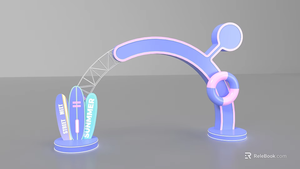 Summer Themed Photo Check-in Spot with blue and pink arch structure surfboard and lifebuoy 3d model 