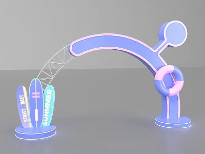 Summer Themed Photo Check-in Spot with blue and pink arch structure surfboard and lifebuoy 3d model