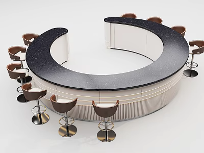 Modern Circular Reception Desk With Black Countertop White Cabinetry And Brown Bar Stools 3d model