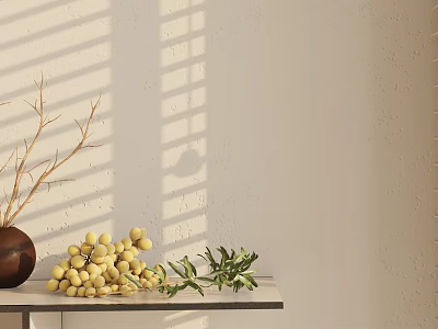 Fresh Yellow Fruit Bunch on Table with Sunlight Blinds Shadows and Green Leaves 3d model