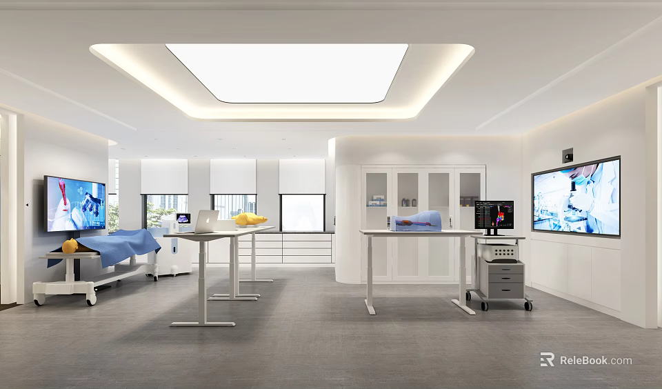 Modern Laboratory Interior With Medical Equipment Displays White Cabinets And Bright Lighting 3d model 