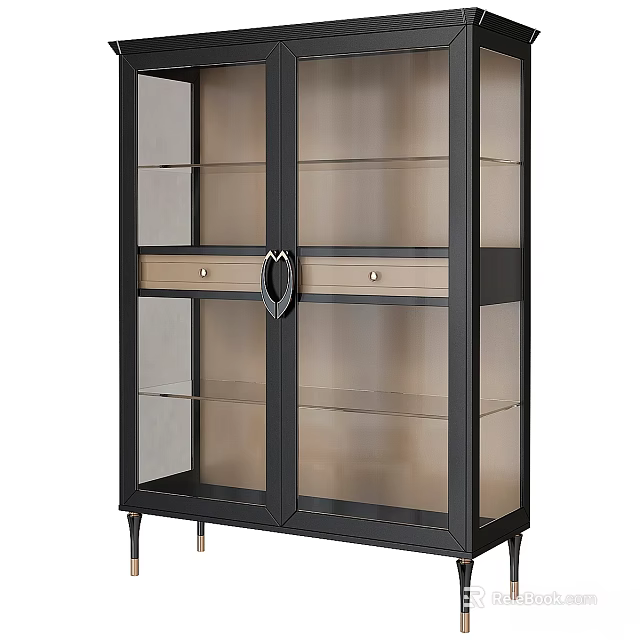 Black Modern Display Cabinet With Glass Doors Drawer Metal Handle And Legs 3d model 