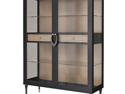 Black Modern Display Cabinet With Glass Doors Drawer Metal Handle And Legs 3d model