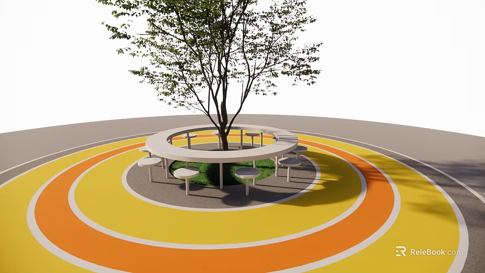 Round Outdoor Table and Chair Set with Central Tree on Colorful Circular Floor 3d model 