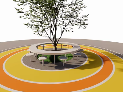 Round Outdoor Table and Chair Set with Central Tree on Colorful Circular Floor 3d model