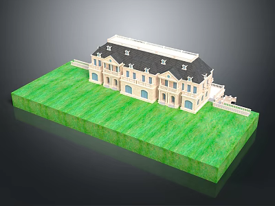 Miniature Residential Model House with Black Roof and Windows on Green Lawn 3d model