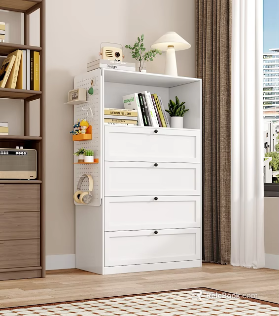 White Storage Cabinet with Drawers and Upper Shelves Holding Books and Plants in Room Interior 3d model 