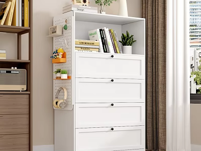 White Storage Cabinet with Drawers and Upper Shelves Holding Books and Plants in Room Interior 3d model