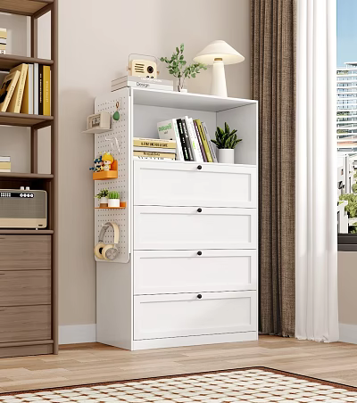 White Storage Cabinet with Drawers and Upper Shelves Holding Books and Plants in Room Interior 3d model