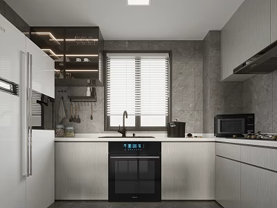 Modern Kitchen Interior With White Cabinets Gray Walls Window Blinds And Appliances 3d model
