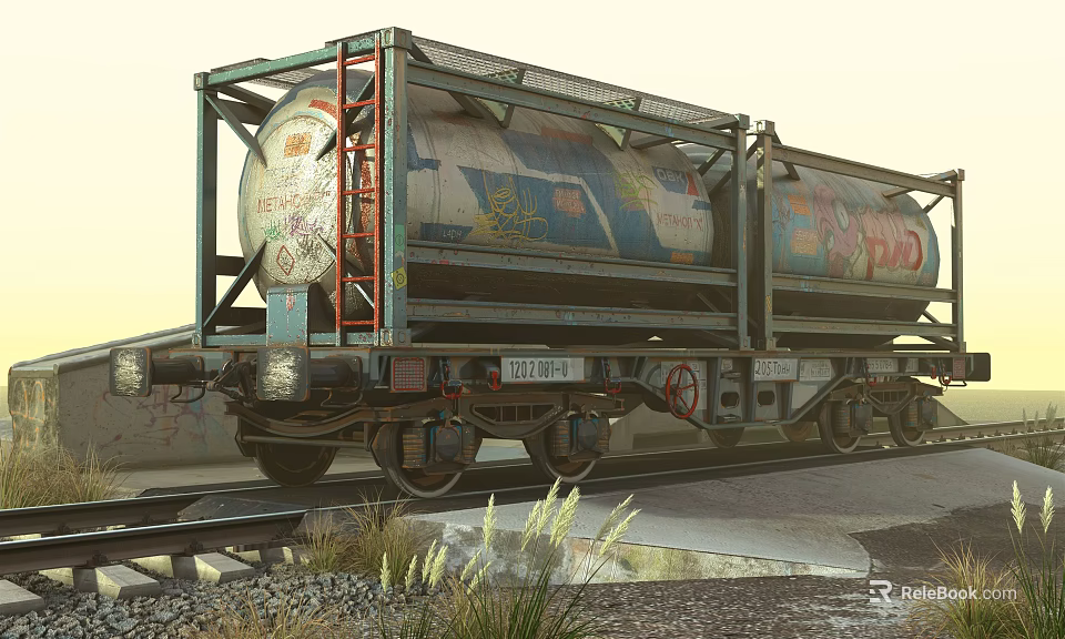 Vintage Railway Tank Car With Colorful Graffiti On Railway Track And Grass 3d model 